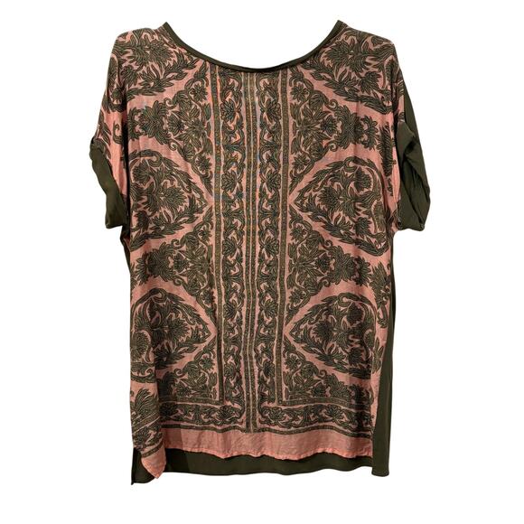 Sundance Sage and Peach Leaf Print Silk and Rayon Short Sleeve Tee S - Picture 6 of 6